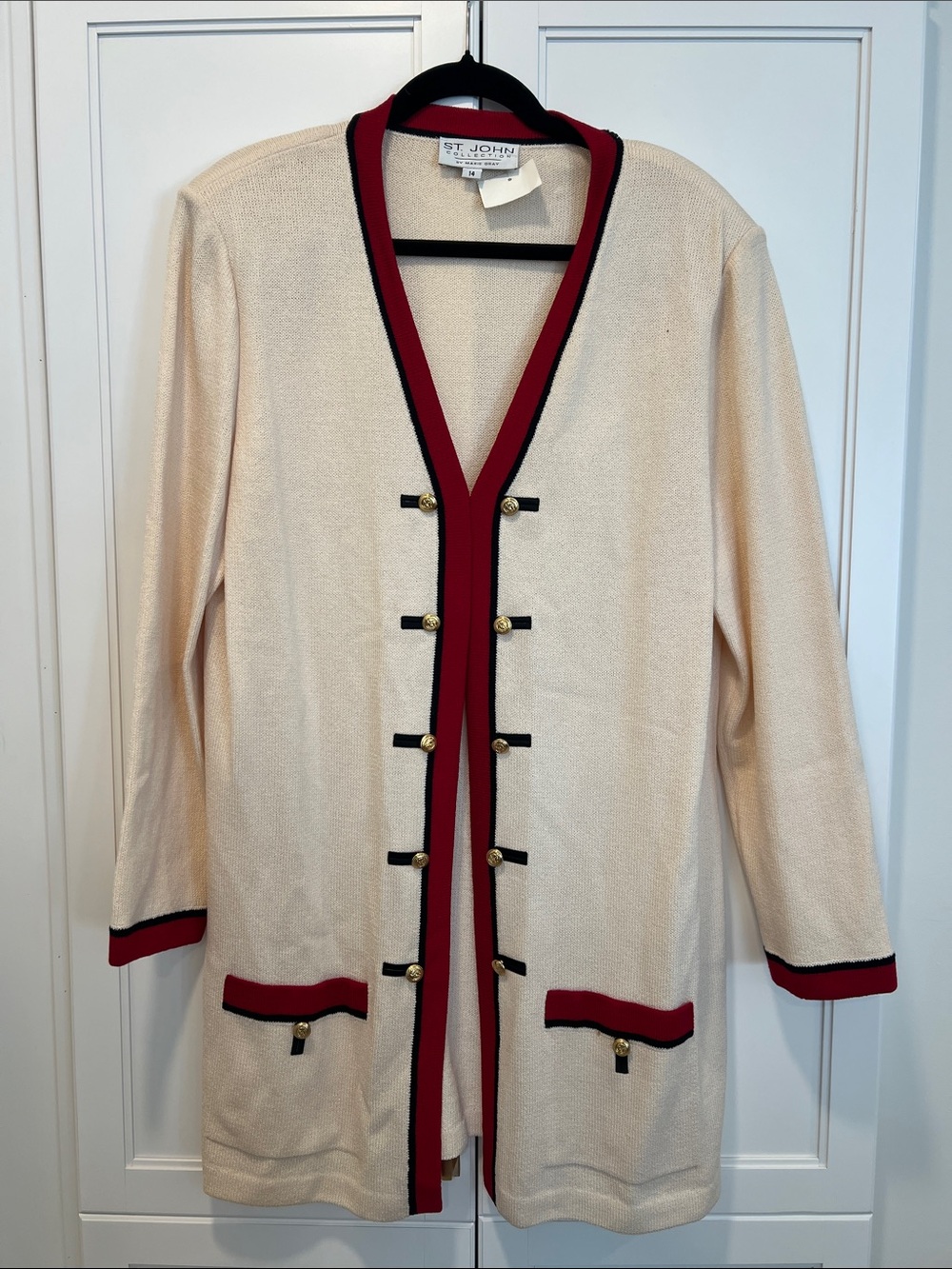 St. John Cream Open Knit Cardigan with Red & Black Trim
